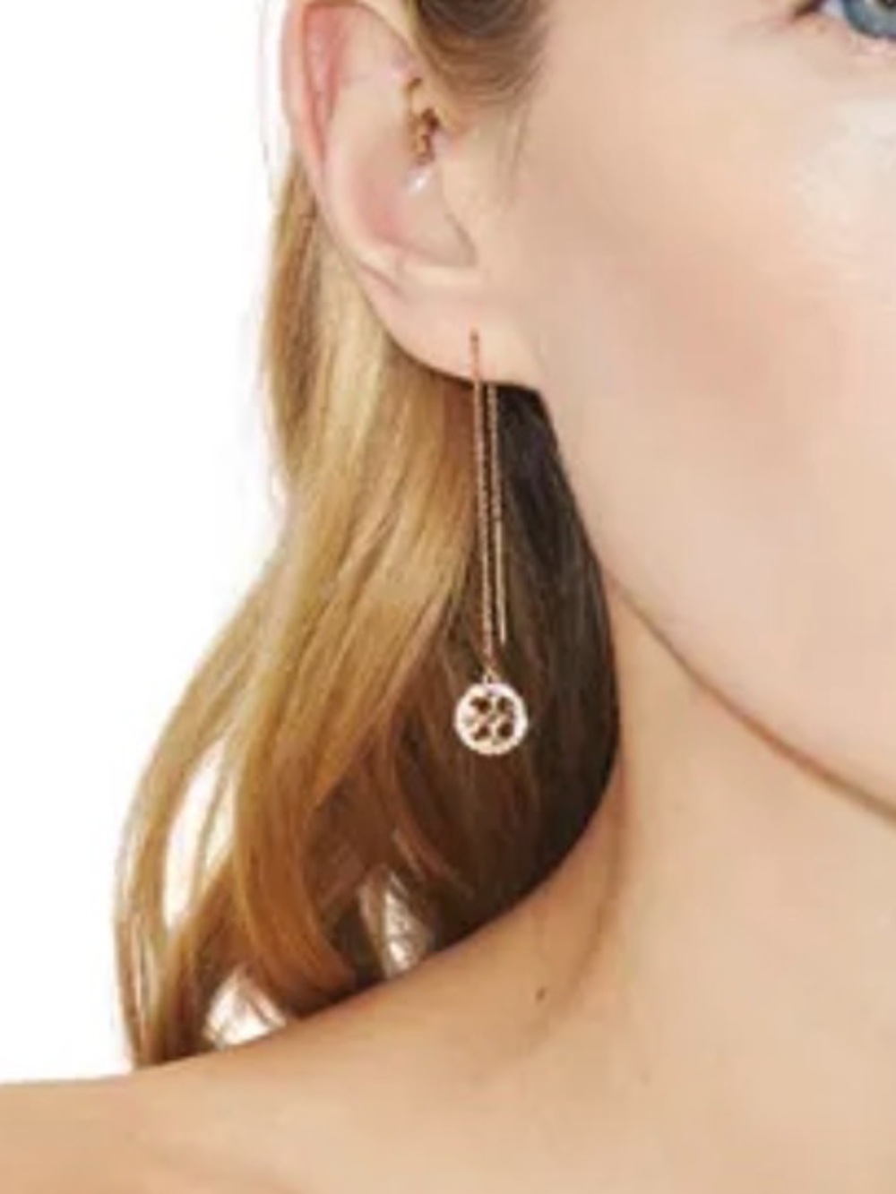 Tory Burch Gold Threader Earrings with Logo Disc With Crystals NEW. AUTHENTIC